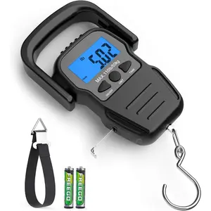 Fish Scale with Backlit LCD Display, Up to 110lb/50kg Digital Portable Hanging Fish Weight Scale with Hook & Measuring Tape for Home, Farm, Outdoor, Hunting, Fishing, 2 AAA Batteries Included