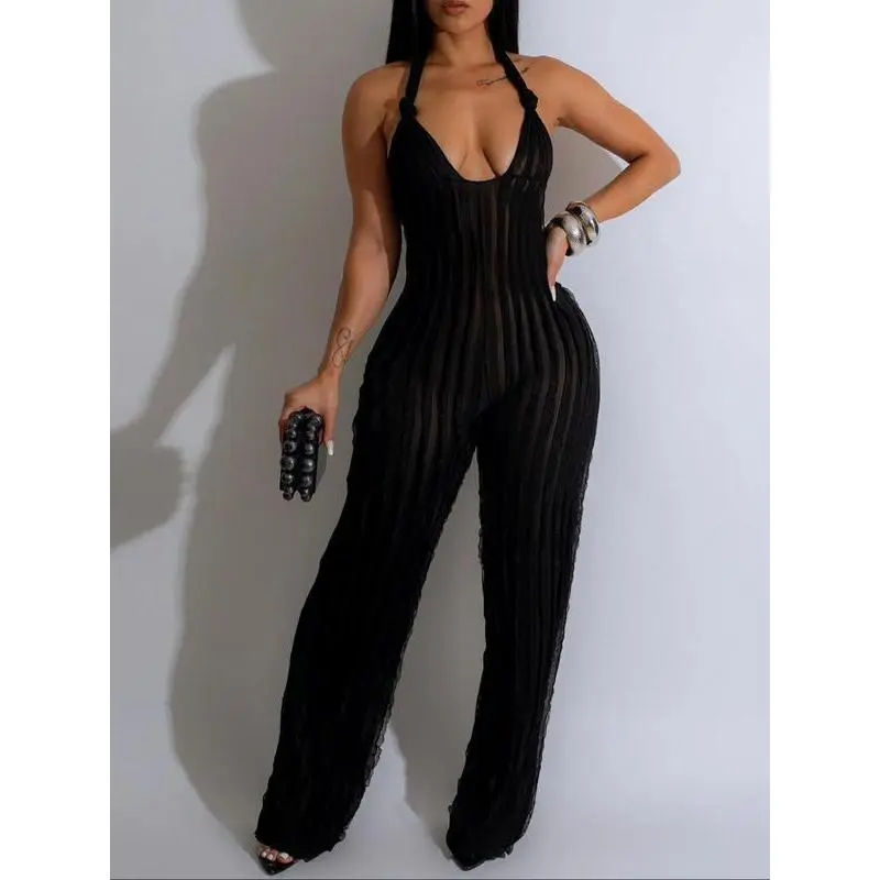 Women's Solid Textured Backless Sheer Halter Jumpsuit, Elegant Fashion Casual Wide Leg Jumpsuit for Daily Outdoor Wear, Ladies Clothes for All Seasons Valentine's Day, Gift, Womenswear