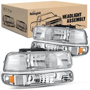 Nilight 1999 2000 2001 2002 Chevy Silverado Avalanche 1500 1500HD 2500 2500HD 3500 Chevrolet Tahoe Suburban Headlight Assembly Chrome Case Amber Reflector