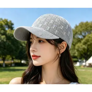 New knitted baseball cap for spring and summer, sun protection hat for women, fashionable and versatile, makes the face look smaller, with rhinestone embellishments