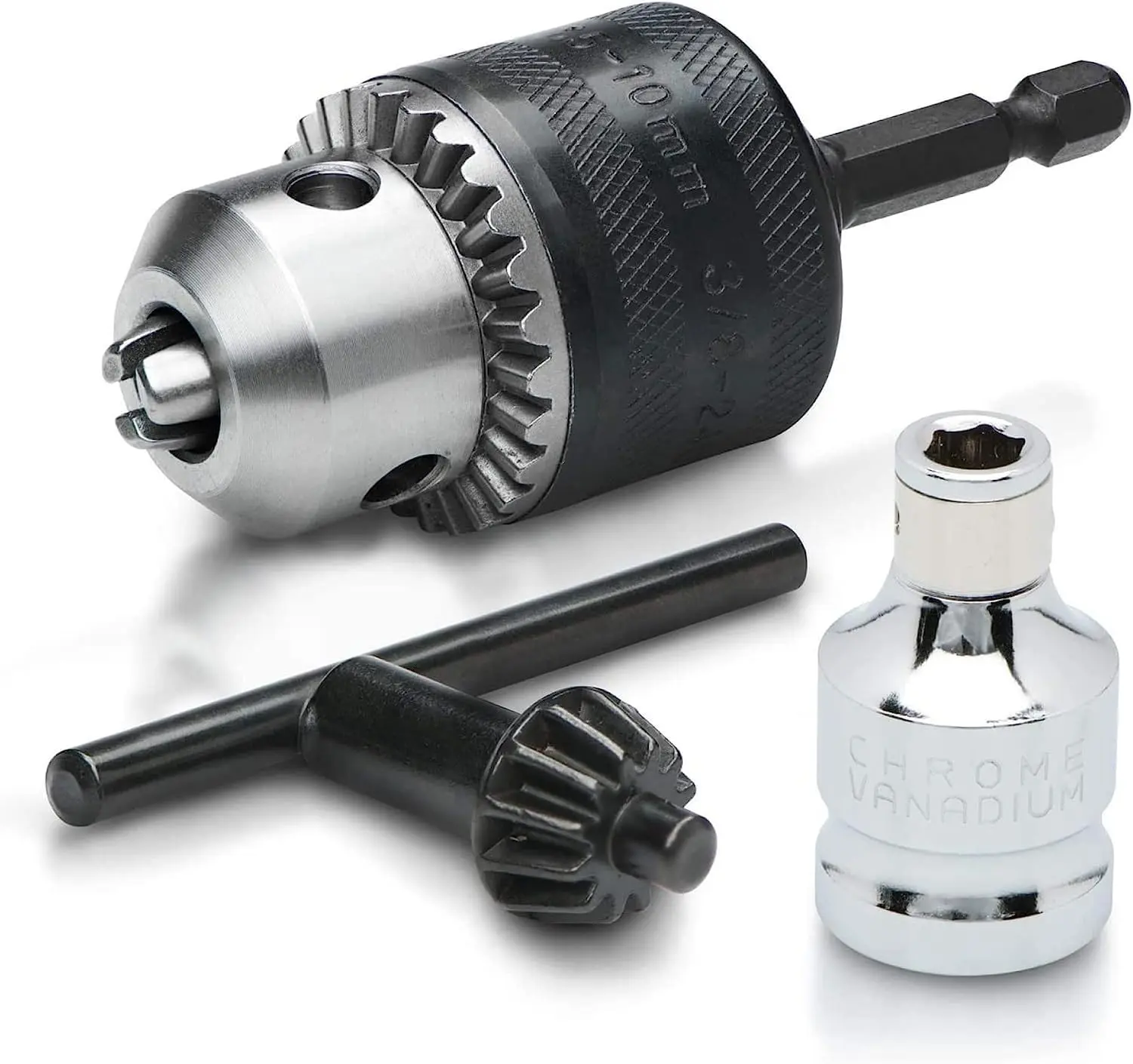20754A 3/8” Drill Chuck Adapter – 1/4" Hex Shank for Impact Drivers with 1/2" Gun Adapter & Key, Heavy Duty Cr-V Converter (Model 20754A)