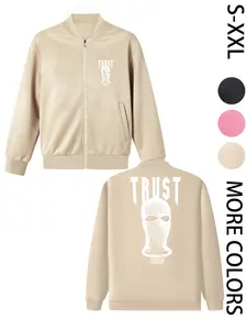 Women's American Street Style Hoodless Bomber Jacket with "TRUSE" Print (Note: Possible typo for "TRUTH"), Lightweight Zip-Up Jacket, American Street Style Print Design, Suitable for All Seasons, Casual & Street Style