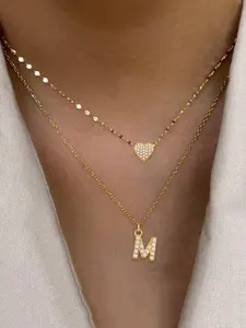 2pcs/set Pave Zirconia Heart Initial Pendant Necklace Women Fashion Golden Stainless Steel Lip Chain Layered Necklace For Women Letter Necklace