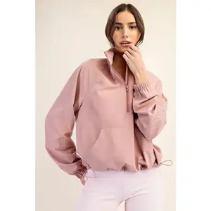 Women's Cropped Quarter-Zip Mock Neck Polyester-Spandex Blend Long Sleeve Pullover Jacket Tops - Sporty Casual Year-Round Zip-Up Outerwear for Activewear (Durable Fabric, Stretchy Sleeves)