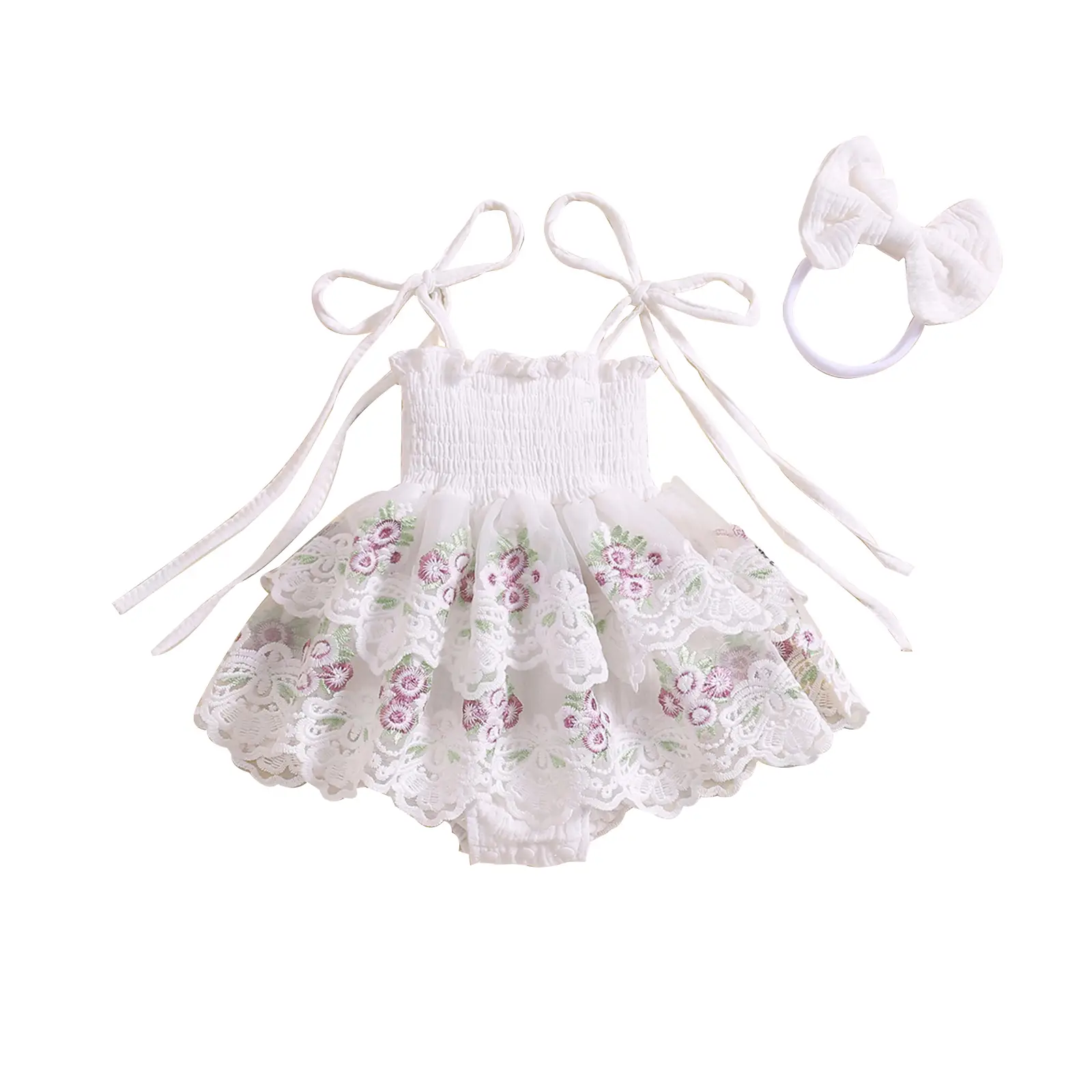 Newborn Baby Girl Summer Outfits Tie-up Embroidery Flower Romper Dress with Headband Clothes