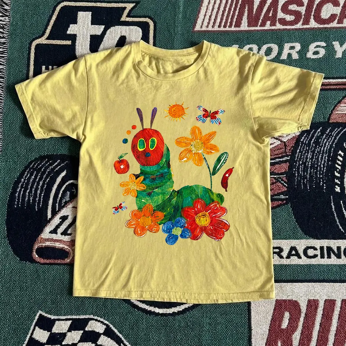 The Very Hungry Caterpillar Colorful Flowers Graphic T shirt and Baby Tee | Vintage Eric Carle Storybook Art Streetwear | Kidcore Graphic Tee