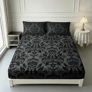3pcs Black Textured Floral Fitted Sheet Set, Floral Sheets, suitable for bedroom, hotel, dormitory and other places, machine washable (1 fitted sheet + 2 pillowcases, no inserts), all-season use.