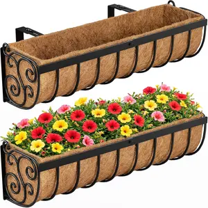 Railing Planter Boxes, 24 Inch Window Boxes Planters, Balcony Planters with Adjustable Brackets & Coco Liner & Support Rod for Outdoor Fence, Deck, Porch, and Patio Gardening, 2 Pack
