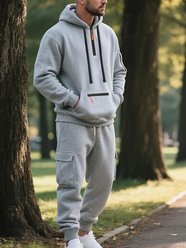Men's Winter Heavyweight Fleece-Lined Casual Set, Loose Fit Sporty Multi-Pocket Workwear Suit, Warm & Comfortable Two-Piece Set