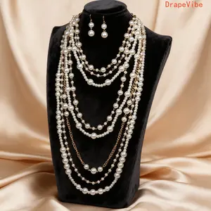 Multi Layer Pearl Necklace And Earrings Set Long Beaded Sweater Chain Elegant Statement Jewelry For Women Daily Wear