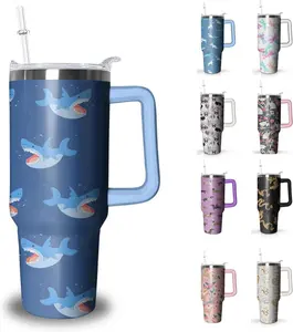 Shark Tumbler with Handle and Straw, 40 oz Stainless Steel Pink Insulated Cup with Lid and Straw,Travel Coffee Mug Water Bottle, Birthday Christmas Mothers Day Gifts for Animal Lovers Women