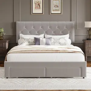 Garvee and Garvee Upholstered Platform Bed Frames with Storage Drawers, Velvet Soft Upholstery, Vintage Diamond Button Tufted Headboards, Wooden Slat Support, Noise-Free, No Box Spring Needed, Multiple Sizes and Colors