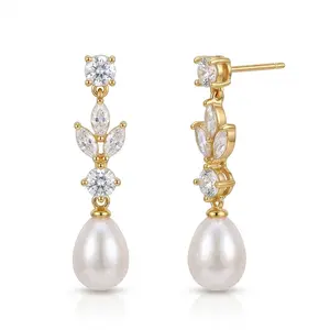 14k Gold Plated Copper Pearl Earrings for Women, Diamond Pearl Drop Earrings, Trendy Bridal Shower Gift and Wedding Jewelry for Her