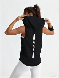Hooded Tank Top, Gym Work Letter Print Design, Sleeveless Comfortable Breathable, Loose Fit Casual Wear for All Seasons, Workout Vest