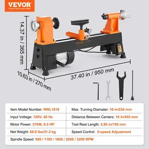 VEVOR Tabletop Wood Lathe, Dimensions 10x18 inches, Motor Strength 0.5 HP 370W, Offers Wood Crafting with 5 Adjustable Speeds ranging from 780 to 3840 RPM, Includes Rod Injection, Wrenches, Facepla