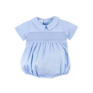 Blue Pique Smocked Collared Bubble