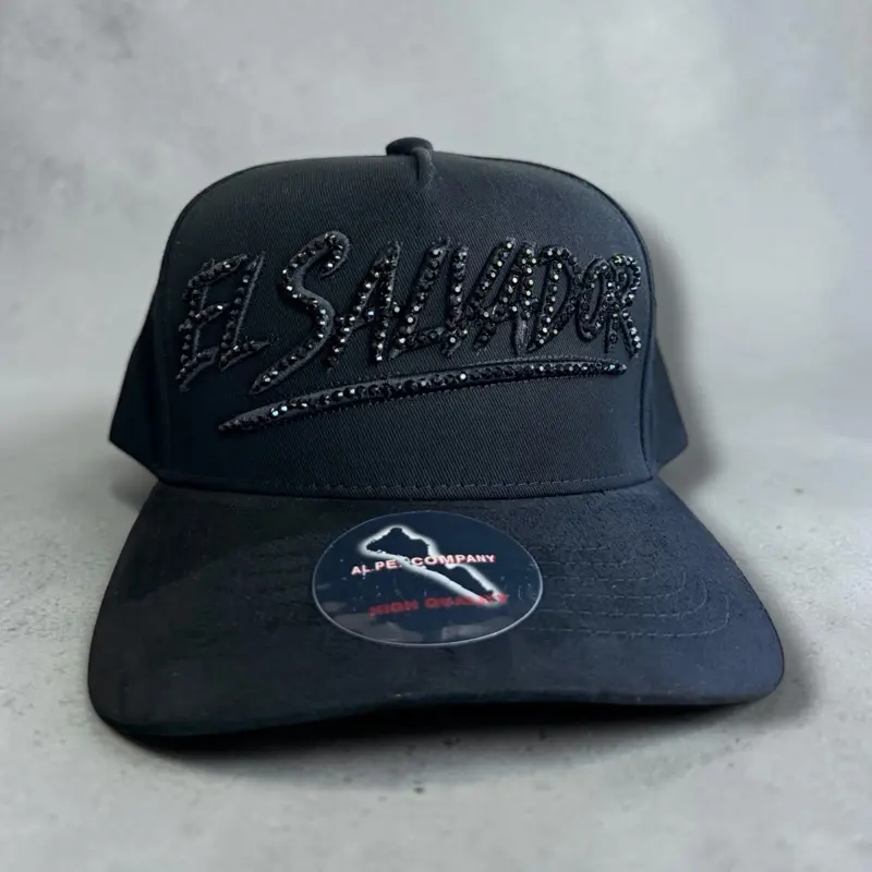 El Salvador Hat SnapBack with Rhinestones Suede Visor - Black