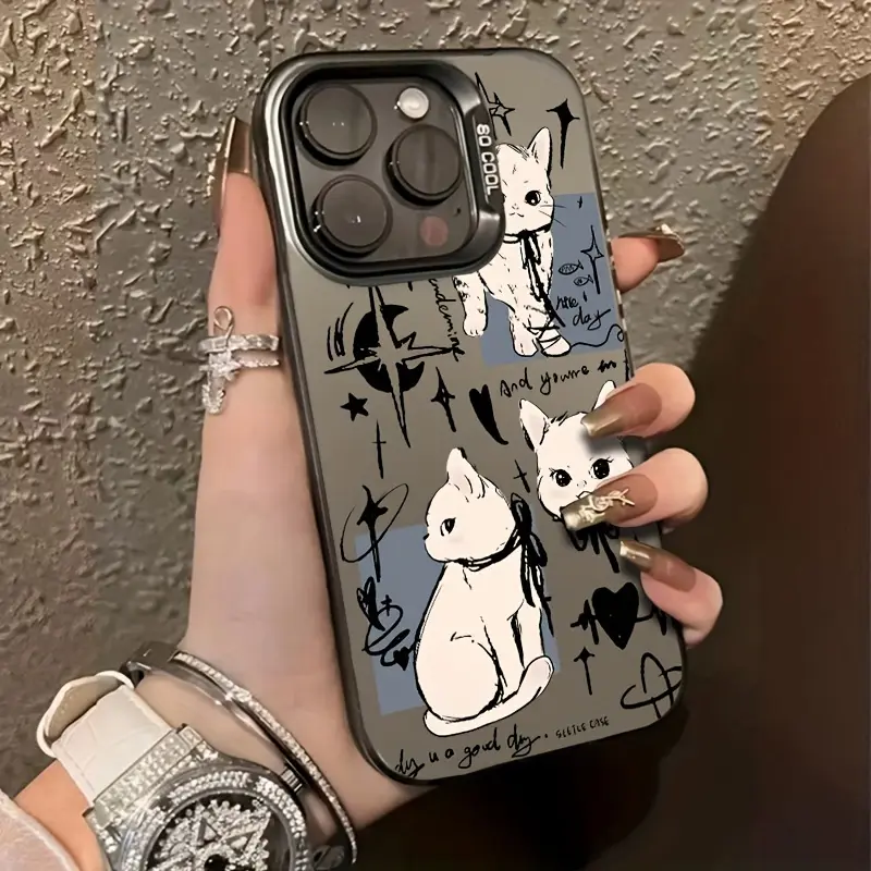 Phone case for iPhone 16 Pro Max 15 Plus 14 13 12 11 XR XS Elegant White Cat Pattern Anti-Scratch Shockproof Pocket-Friendly durable Cover