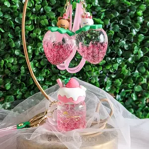 Strawberry Float Liquid Keychain, Fruit Bunny Rabbit Key Ring Accessory, Kawaii Flower Bear Fidget Shaker, Cute Milk Pink Anxiety Toy, Daisy keychains cute keychain