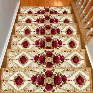 15pcs Red Rose Pattern Stair Mat, Soft and Durable, Machine Washable and Easy to Clean, Lightweight and Comfortable, Stair Carpet, Kitchen Mat, Living Room Carpet, Bedroom Carpet, Decorative Carpet