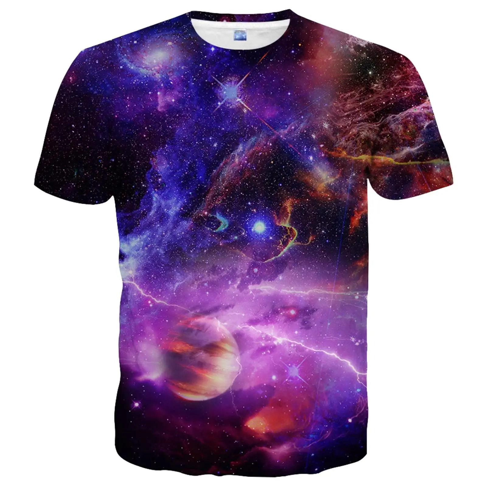 Unisex Cosmic Galaxy Print T-Shirt: Vibrant Nebula, Planet, Starry Sky & Lightning Design for Casual Wear, Space Festivals, Adult Enthusiasts