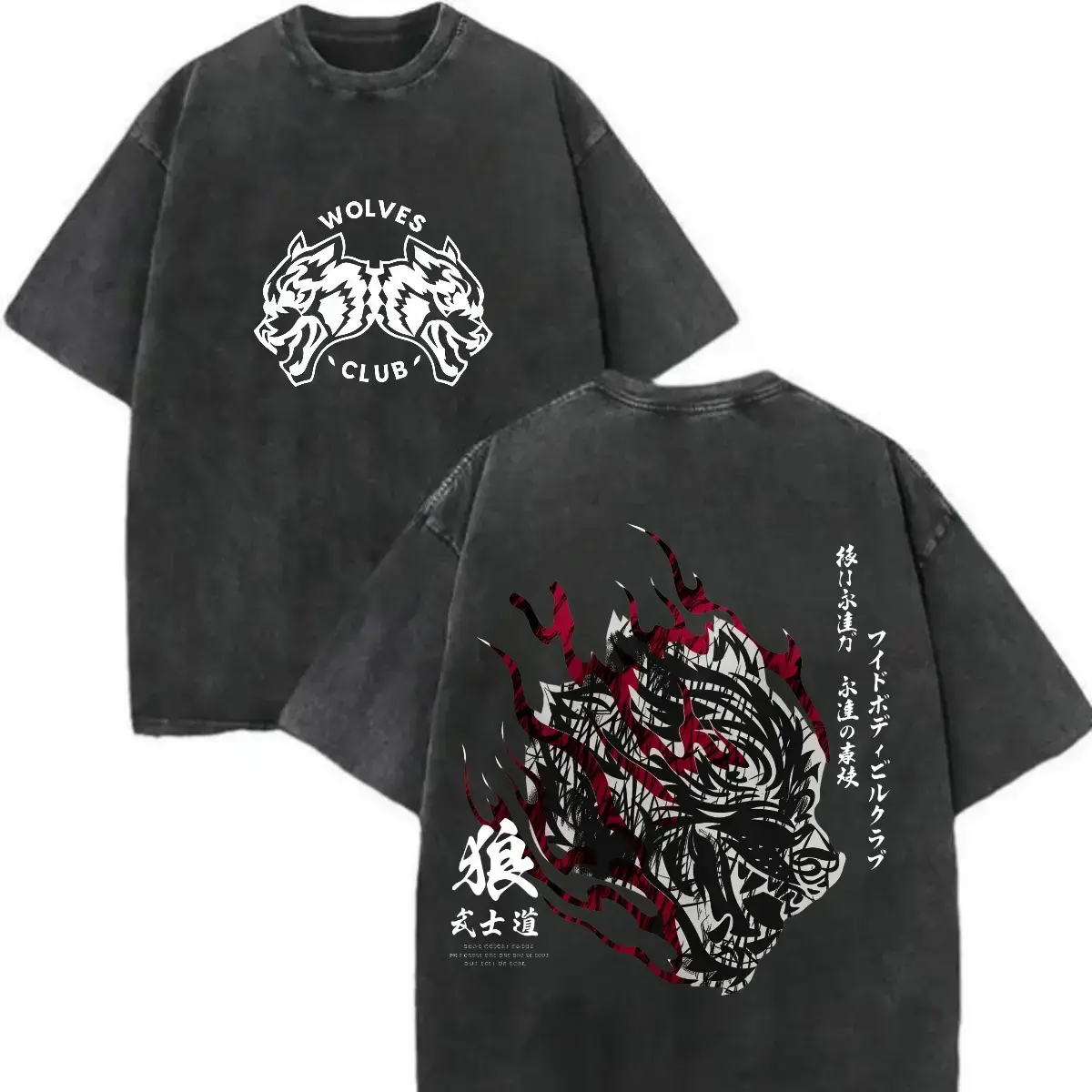 Vintage Washed Wolves Club Samurai Wolf Double Sided Tee Dual Wolf WOLVES CLUB Front Print Red Flame Japanese Kanji Wolf Graphic Oversized Black Acid Wash Streetwear Casual Tee