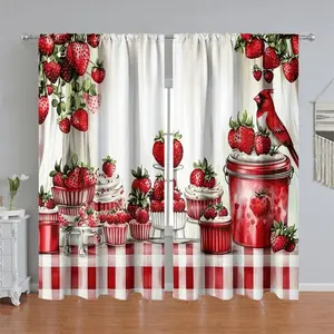2Pcs Strawberry & Red Bird Print Curtain Panel, Pole Pocket Style, Semi Sunshade Polyester Fiber, Suitable for Home Living Room, Bedroom, Balcony, Kitchen, Study and Shower Window Decoration, Accessory, Anti Privacy.