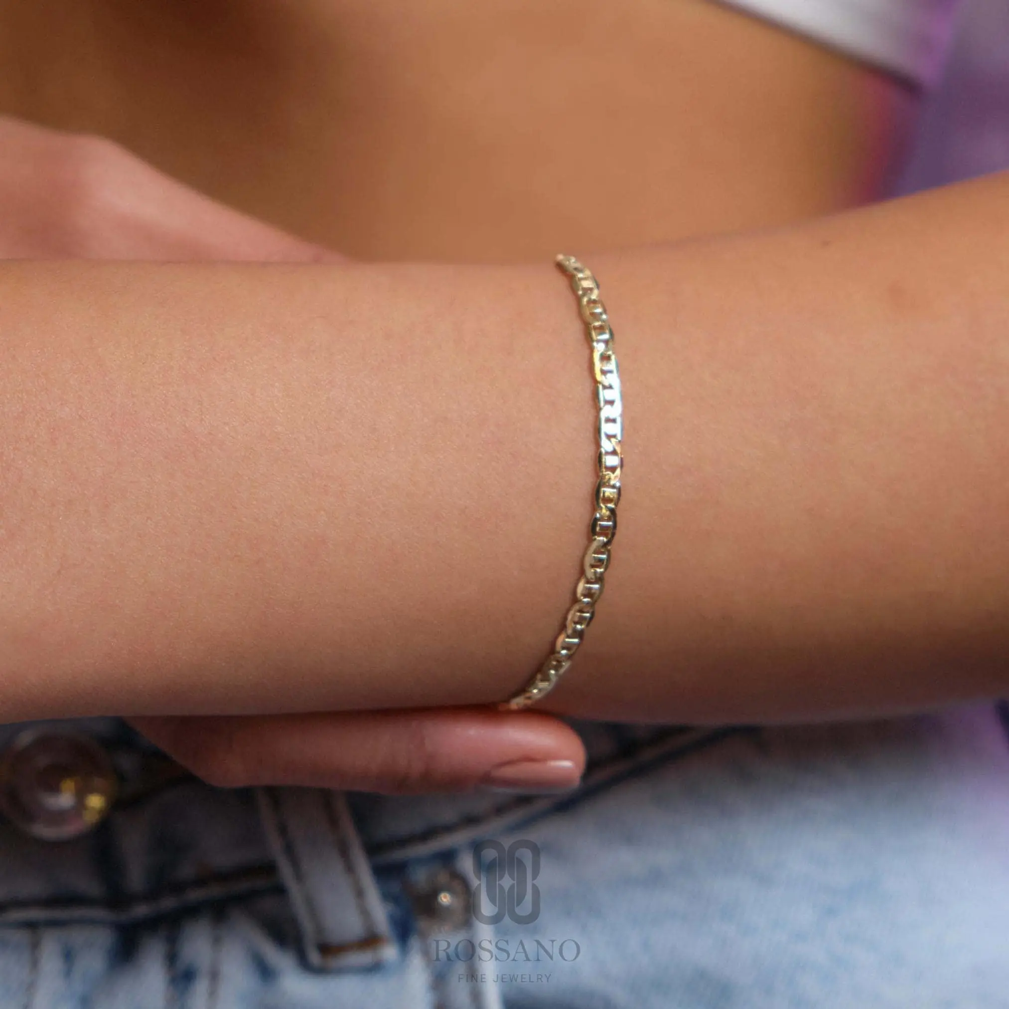 14K Gold Mariner Bracelet, 3mm 4mm Mariner Link Chain