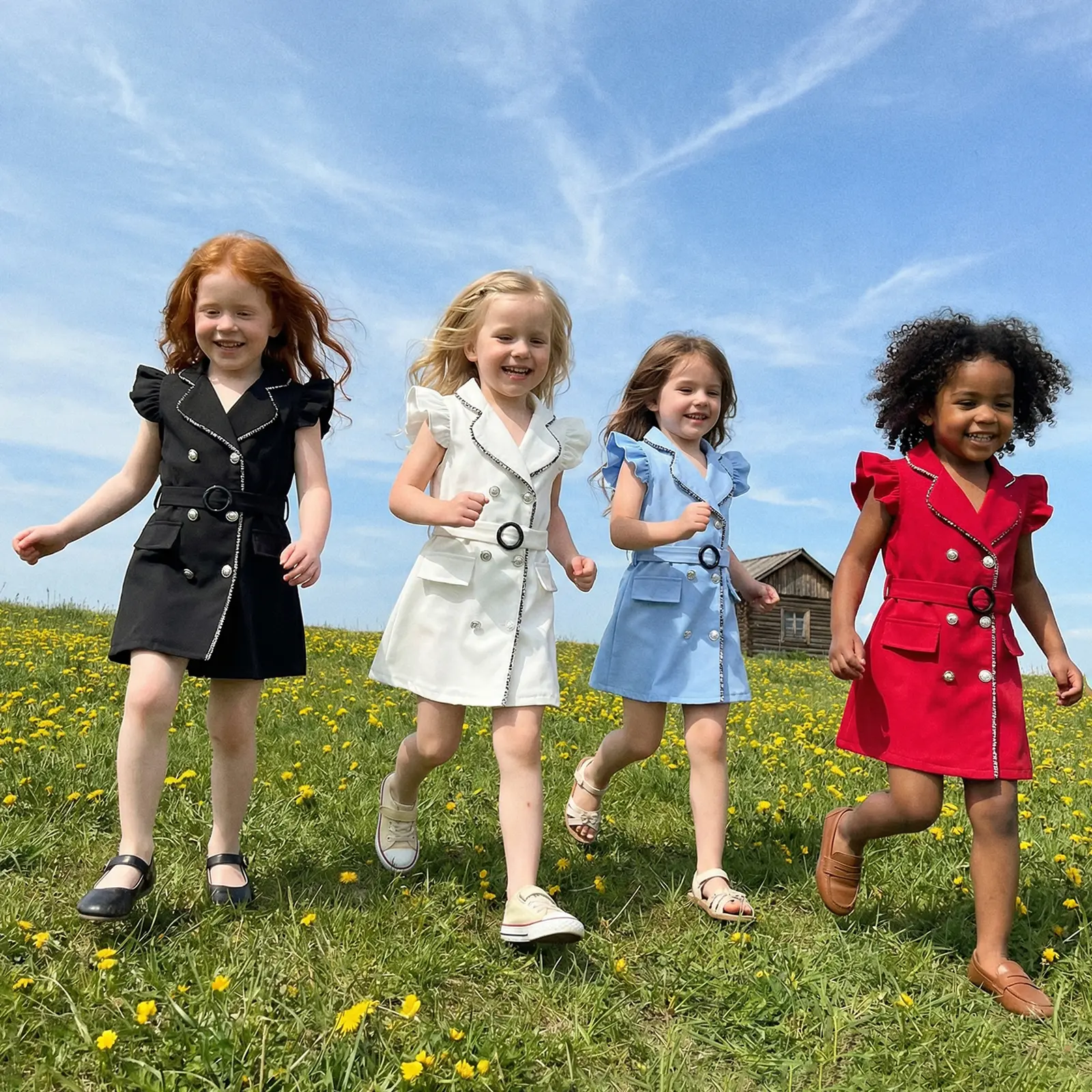 [Lullaby] Little Girl Formal Dress Flying Sleeve Lapel V Neck Contrast Color Button Down Front Dress with Belt