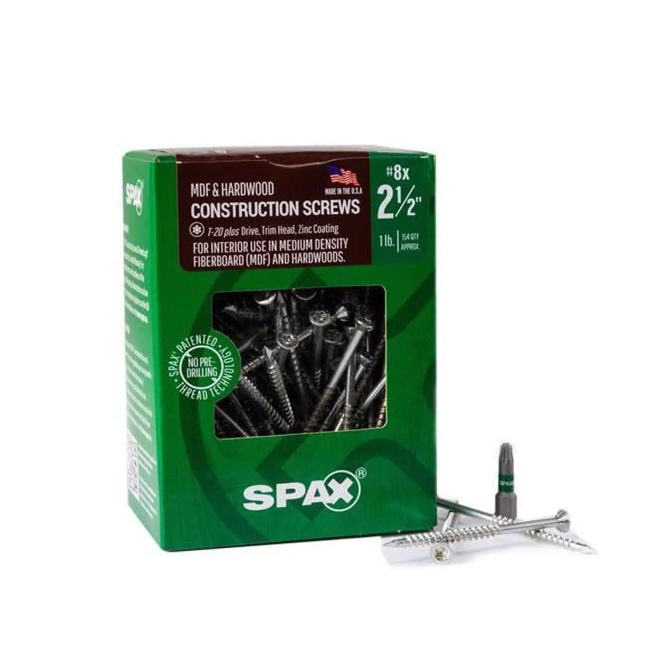 Carbon Steel Self-Tapping Zinc Plated MDF T-20 Plus Trim Head Construction Screws, 8x2.5 in, Silver, 1 lbs Pack with Driver Bit, Multi-Purpose, 154-Count
