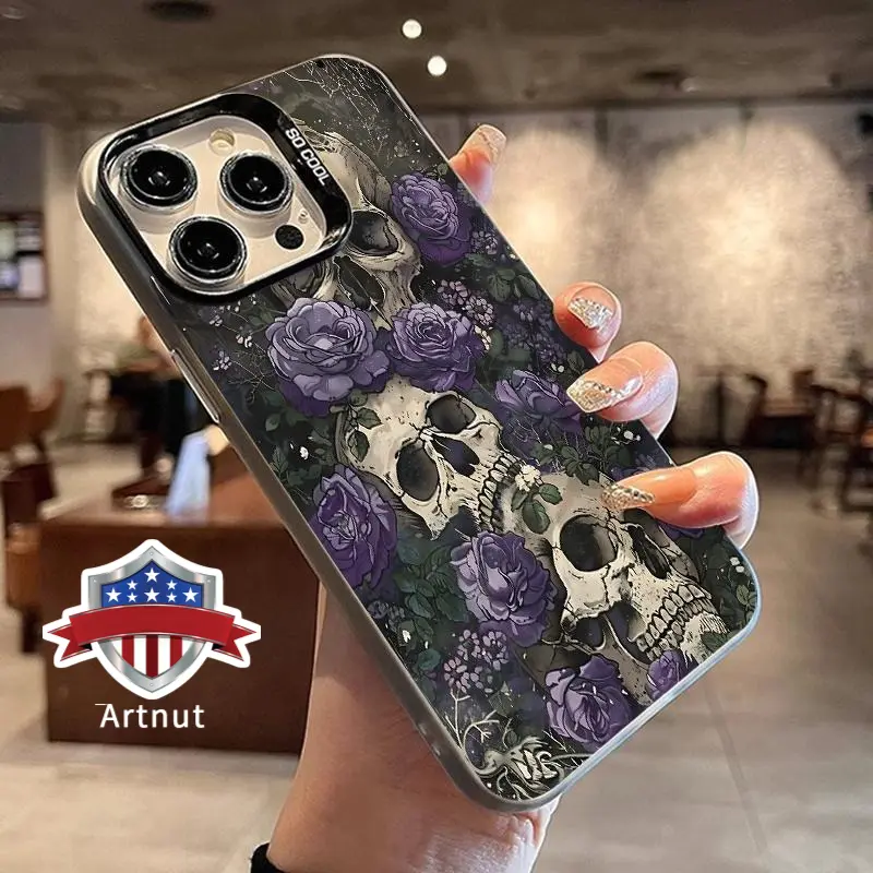 Violet Skulls Pattern Magnetic Phone Case for iPhone 16,15,14 Pro Max,13,12,11,XR,XS Plus - Shockproof, Drop-Protective, Durable PC Cover for Handheld Wireless Digital Devices, Mobile Phone Accessories, Cellphone Accessories