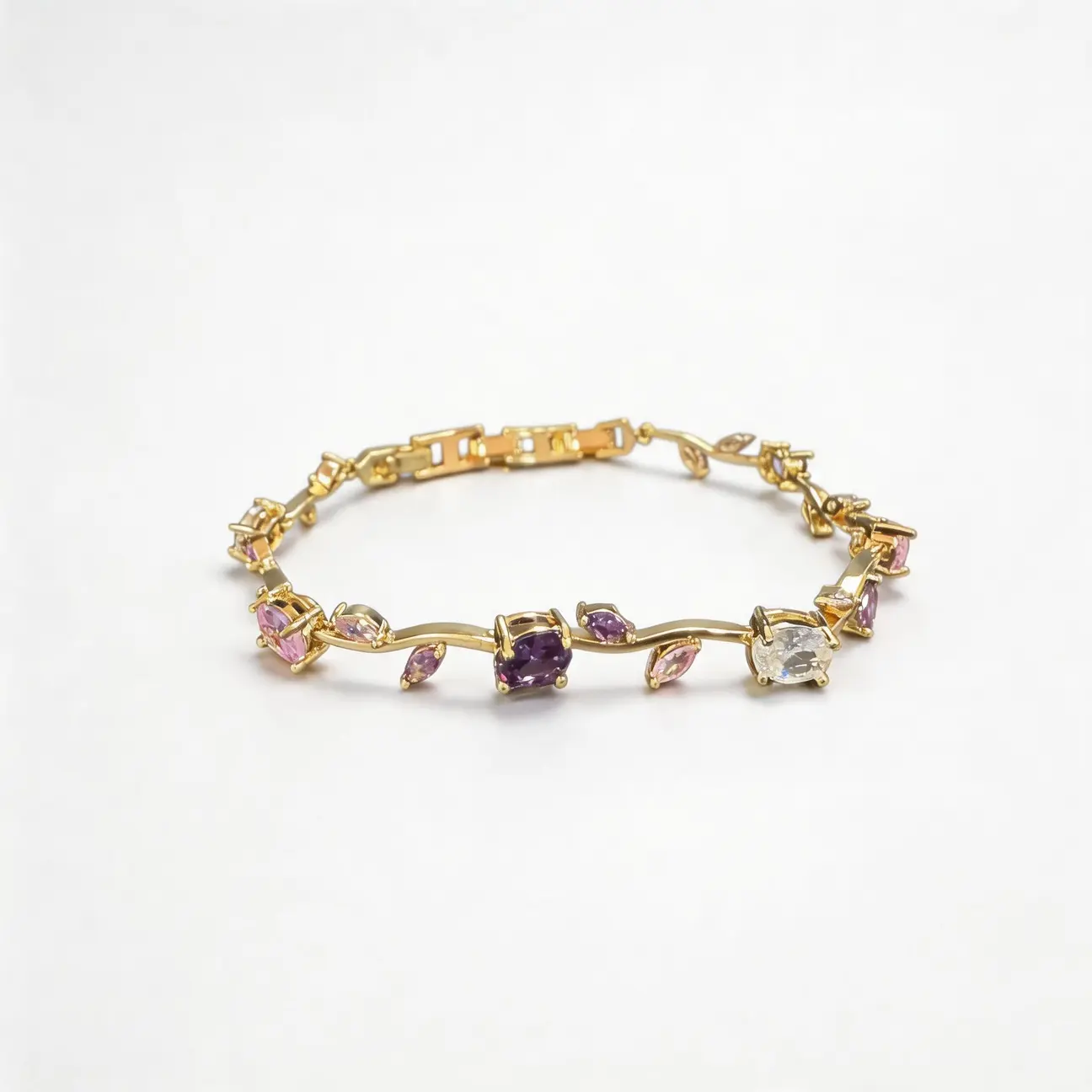 16K Gold Plated Crystal Flower Leaf Bracelet ,Tulip Floral Bracelet for Women, Pink & Lilac Crystal Flower Branch with Oval-Cut CZ, Pink Jewelry Birthday Gift for Mother Classic Wedding Bridal Jewelry Gifts for Her Size 7.28 inch+1.18inch