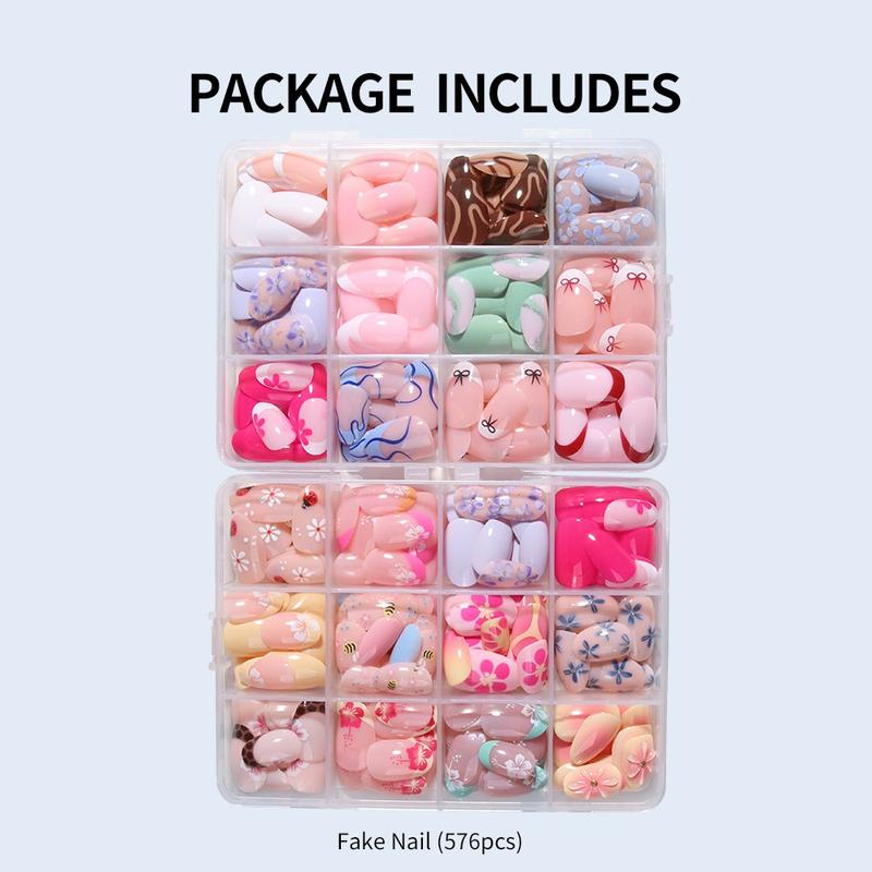 576pcs Short Oval Floral Print Fake Nails Set, Heart Bow Stripe Design, Glossy Finish, Reusable Press-On Nails for Women Girls