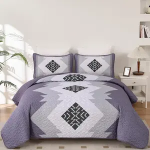 Boho Quilt King Size 3 Purple Aztec Texture Bedspread Coverlet with 2 Pillowcases Lightweight Microfiber Bohemian Quilt for 90"x103"