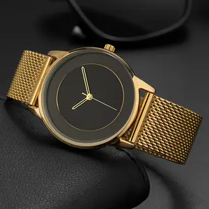 Minimalist ultra-thin quartz watch, stylish stainless steel mesh strap and round black dial, not waterproof, button cell powered