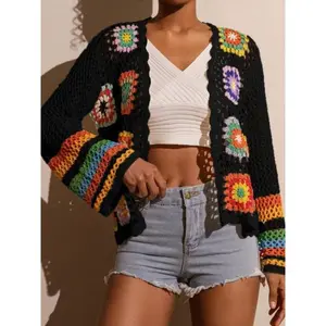 Women's Floral Pattern Crochet Cardigan, Casual Long Sleeve Open Front Knitwear for Spring & Fall, Fashion Women's Knit Clothing for Daily Wear, Tops