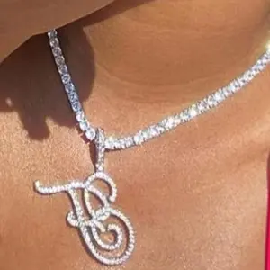 Trendy Bling Cursive Letter Zircon Tennis Necklace For Women Men 26 Initials Tennis Choker Necklace Punk Hiphop Jewelry Gifts