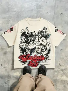 Unisex Saints Renaissance Angel Print Loose Short T-Shirt, Small Angel & Large Angel Pattern, Graffiti Font, Soft Cotton Fabric, Y2K Grunge Style