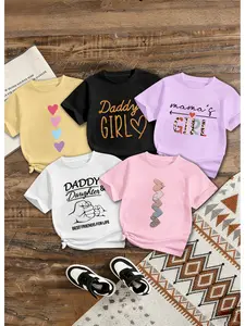 5-Pack Girls' Cute Fashion Crew Neck Short Sleeve T-Shirts, Heart, Letter Print, Sweet Versatile Tops, Must-Have Summer Essentials for Daily Wear
