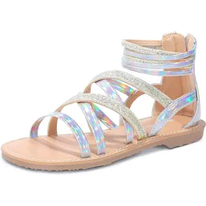 Kids Summer Silver Holographic Laser PU Sandals Sparkly Glitter Ankle Strap Flat Shoes for Daily Wear