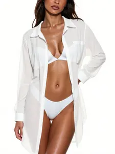 Women's Solid Color Shirt Beach Cover-Up, Sexy Vacation Bikini Outerwear, Summer Beach Pool Play, Casual Long Sleeve Top, Sheer Cover Ups