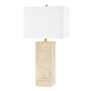 Brownsville Table Lamp - Modern Design with Natural Travertine Base and Belgian Linen Shade