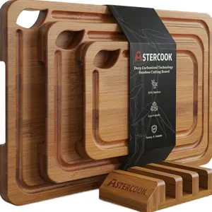 Astercook Deep-Carbonized Bamboo Cutting Boards for Kitchen with Wood Storage Stand Reversible Charcuterie & Chopping Boards with Juice Grooves and Easy-Grip Handles Knife-Friendly Kitchen Gift