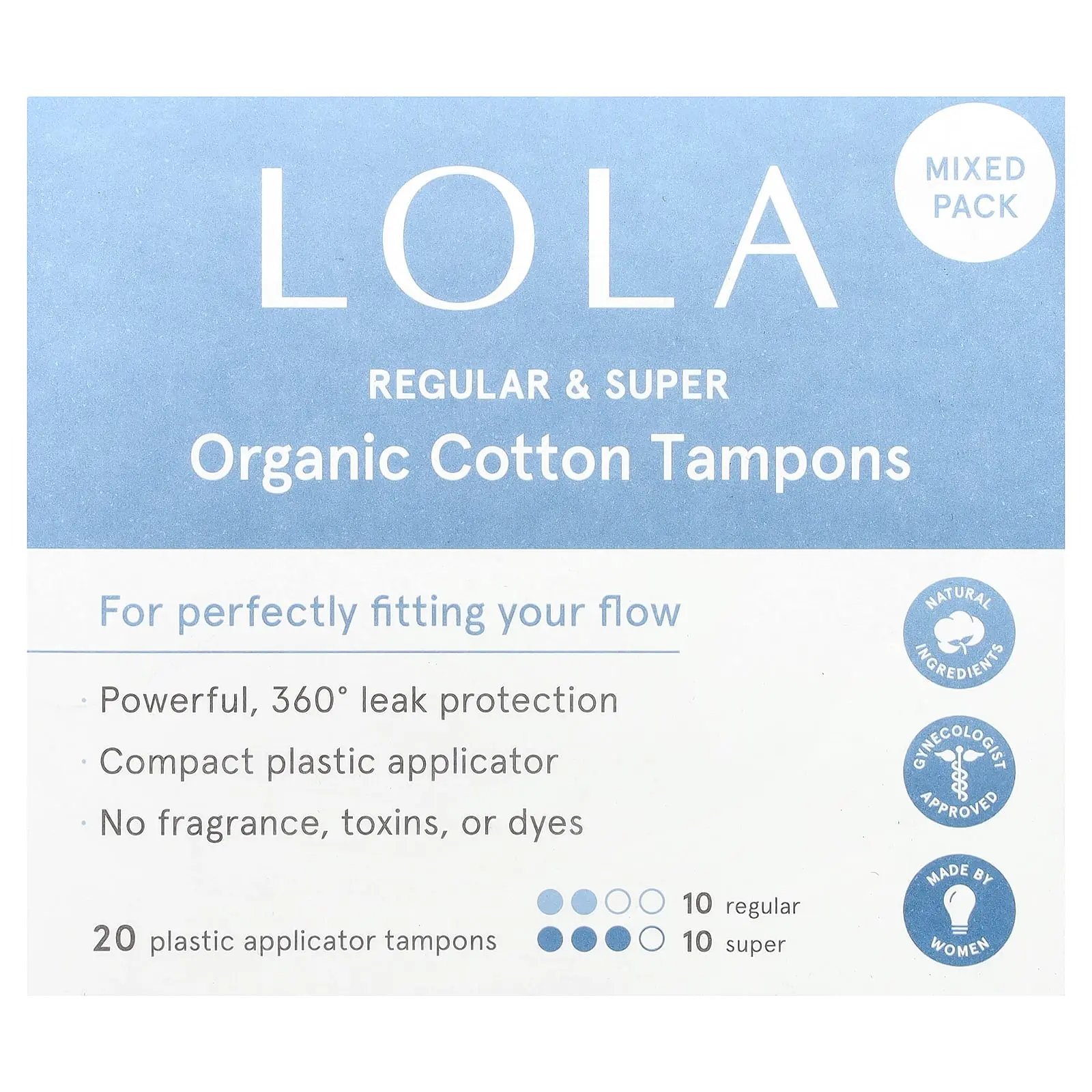 Lola Organic Cotton Tampons with Plastic Applicators, Regular & Super, 20 Tampons