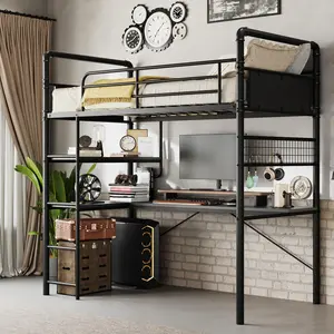 Heavy Duty Twin Metal Loft Bed with L-Shaped Desk, 2 Storage Shelves & Decorative Mesh – High Guardrail, Ladder, Space-Saving, No Box Fresh Needed – Vintage Black/Brown
