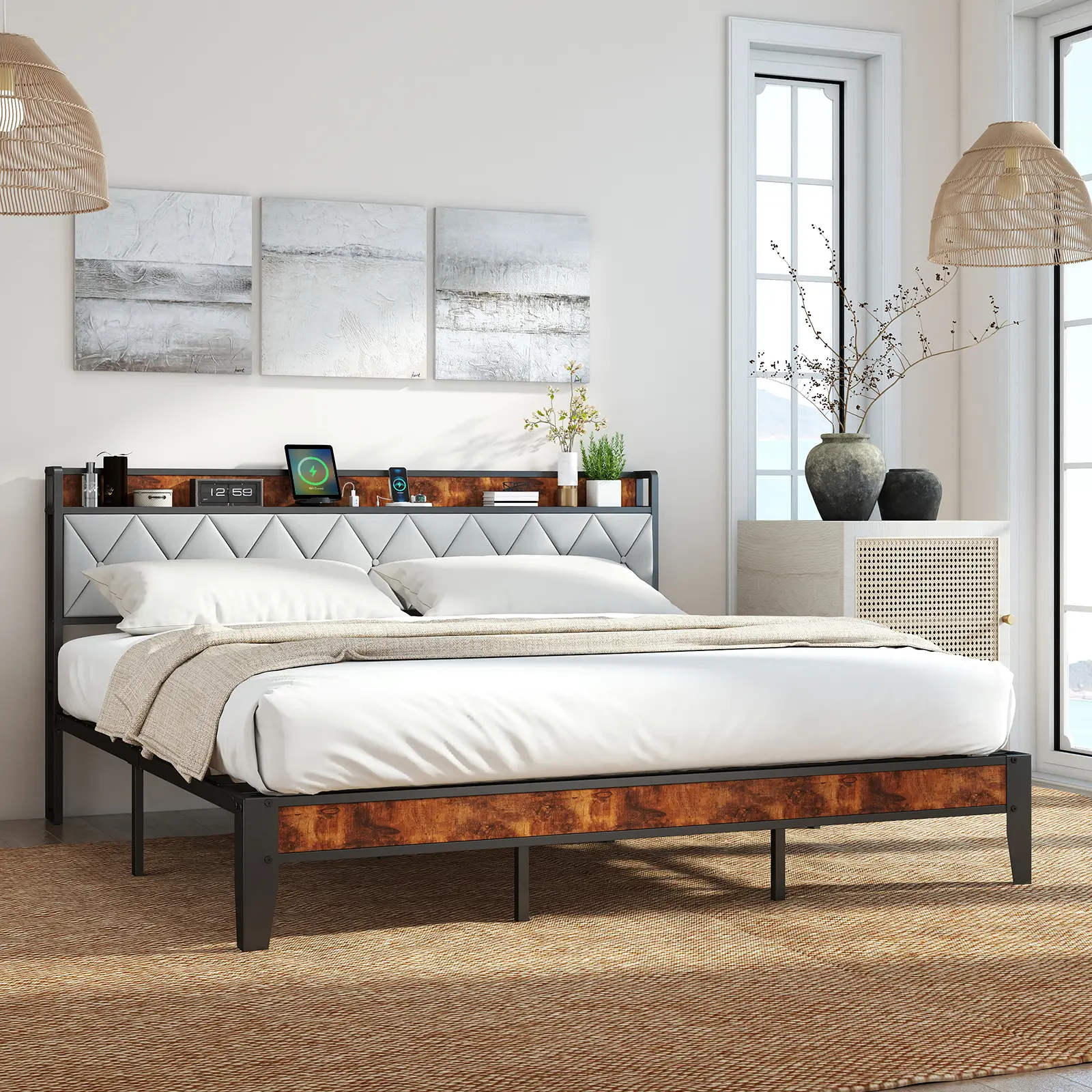 Full Bed Frame with Headboard - No Box Spring Needed, Tool-Free Assembly, Built-In Charging Ports, Underbed Storage, Sturdy Noiseless Indoor Furniture, Bedroom Decor for Adults