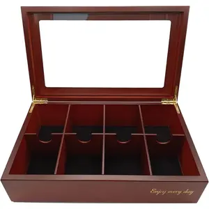 Tea Bag Organizer, Wooden Tea Box with 8 Compartments, Large Capacity Tea Holder for Storage, Decorative Vintage Handmade Tea Container, Cherry Color with Window Lid