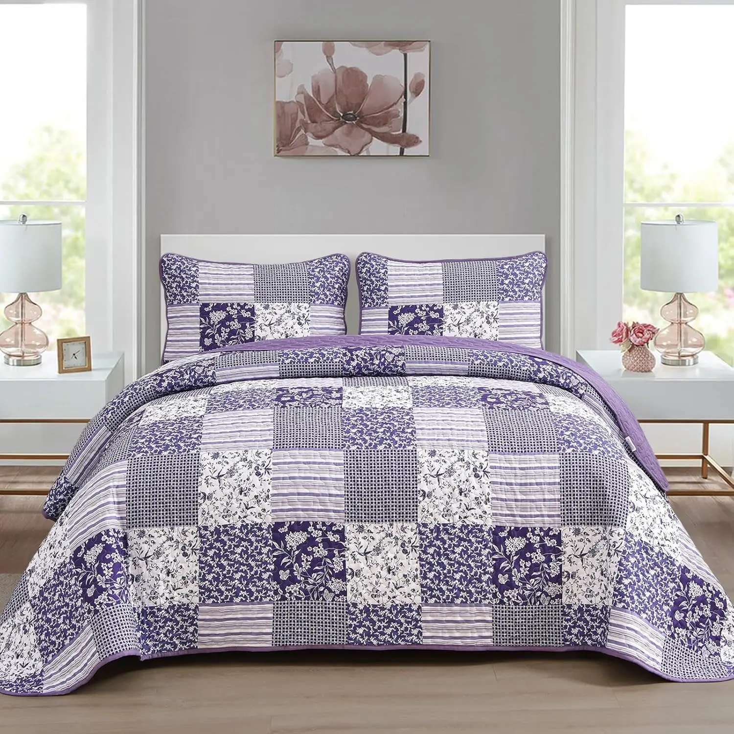 purple quilt king size quilt brown plaid, 3 floral patchwork bedspread coverlet for, microfiber King 90 "x 104"