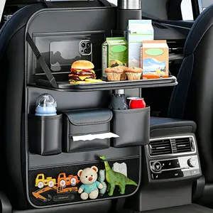 Large Car Backseat Organizer with Foldable Dining Tray, PU Leather Multi-Pocket Auto Storage Bag