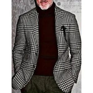 1pc Men’s Classic Houndstooth Blazer – Casual polyester suit jacket with lapel collar, button details, woven fabric, non-stretch, regular fit for spring/fall menswear, long sleeves, plain grey formal beige